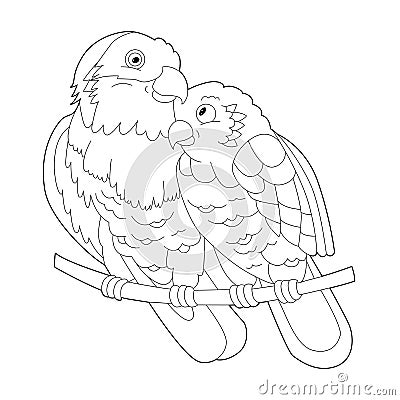 Contour linear illustration for coloring book with decorative parrots. Beautiful tropic bird, anti stress picture. Line art Vector Illustration