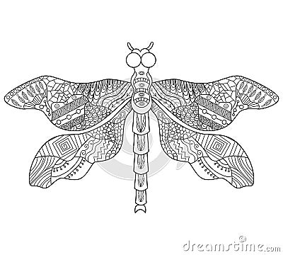 Contour linear illustration for coloring with decorative dragonfly. Beautiful insect, anti-stress picture. Linear art design for Vector Illustration