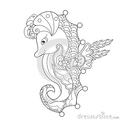 Contour linear illustration with sea horse for coloring book. Cute seahorse, anti stress picture. Line art design for adult or Vector Illustration