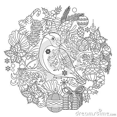 Contour linear winter illustration with bullfinch. Traditional Christmas ornament, decoration, anti stress picture. Line art Vector Illustration