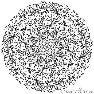 Contour mandala for Halloween, coloring page with holiday symbols Vector Illustration