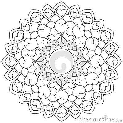 Contour mandala with hearts, simple valentine`s day coloring page Vector Illustration