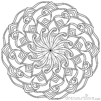 Contour mandala with petals and curls, meditative coloring book page for adults and kids Vector Illustration