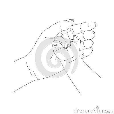 Contour of Mother and Child`s Hands in Line Art style, the concept of maternal protection and parental care isolated on a white ba Vector Illustration
