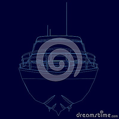 Contour motorboat. Wireframe sports boat of blue lines on a dark background. Front view. Vector illustration Vector Illustration