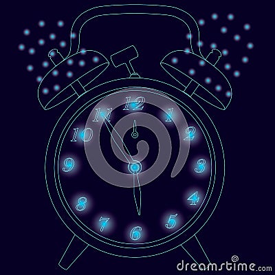 Contour of the old clock with an alarm clock. Contour of the clock of the blue lines on a dark background with glowing Vector Illustration
