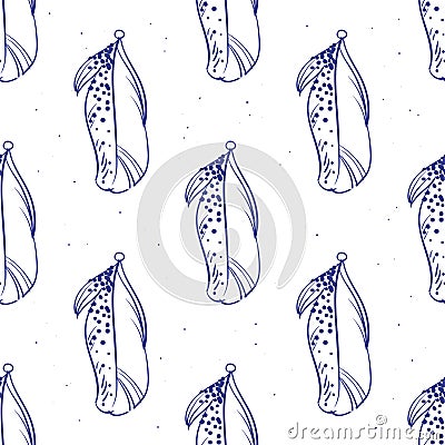 Contour seamless feather pattern. Seamless background with feathers of bird. Repeating texture. Boho style. Stock Photo