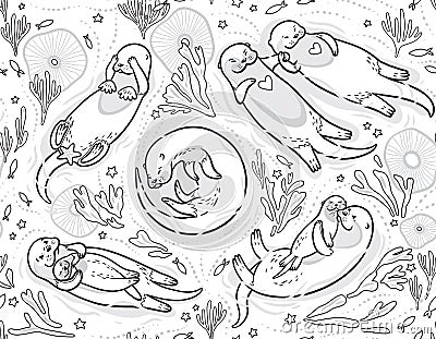 Black and white vector seamless pattern with cute otters in the sea. Decorative background ideal for coloring book Vector Illustration