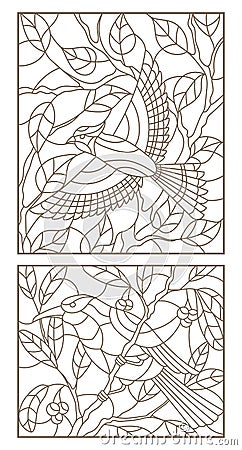 Contour set with birds against branches of a tree and leaves Vector Illustration