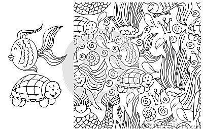 Contour Set of element and seamless pattern. ideal for children's clothing. Fish, turtle and background Vector Illustration