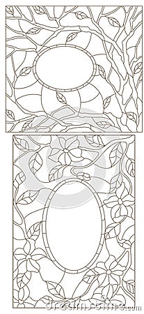 Contour set illustration with stained glass in an abstract framework with flowers, leaves and branches Vector Illustration