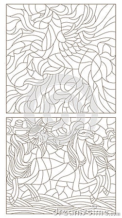 Contour set of illustration of stained glass with abstract horses Vector Illustration