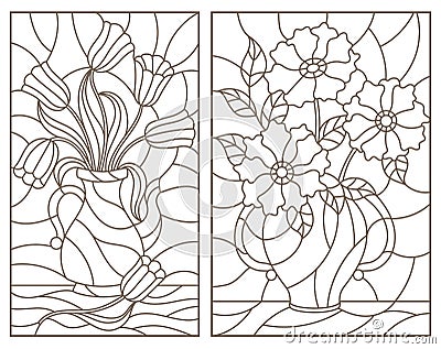 Contour set with illustrations, bouquets of flowers in vases, dark contours on a white background Vector Illustration