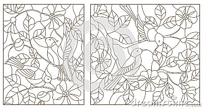 Contour set illustrations of stained glass with birds Vector Illustration