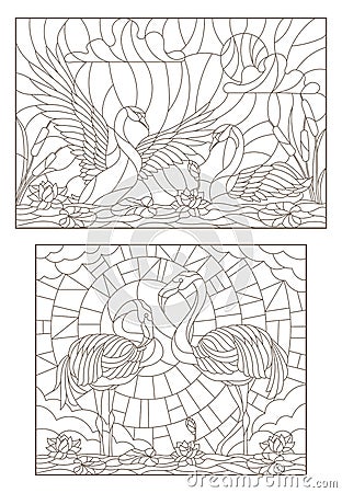 Contour set with illustrations of stained glass with birds on the pond a pair of swans and a pair of flamingos Vector Illustration
