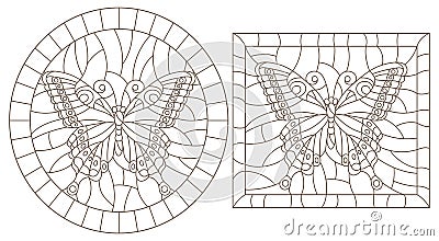 Contour set with illustrations of stained glass with butterflies , dark outline on a white background,rectangular and oval image Vector Illustration