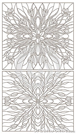 Contour set with illustrations of stained glass with floral arrangements of tulips and crocuses, dark contours on a white backgro Vector Illustration