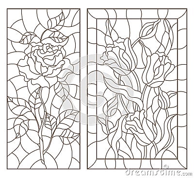 Contour set with illustrations of stained glass with flowers, a rose and a bouquet of tulips, dark contours on a white background Vector Illustration