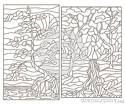 Contour set with illustrations of the stained glass of landscapes with trees Vector Illustration