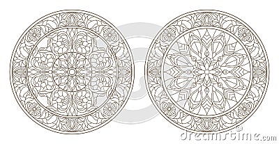 Contour set with illustrations of stained glass, round stained glass floral, dark outline on a white background Vector Illustration