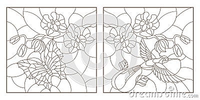 Contour set with illustrations of stained glass with a sprig of orchids, a butterfly and a Hummingbird, a dark outline on a white Vector Illustration