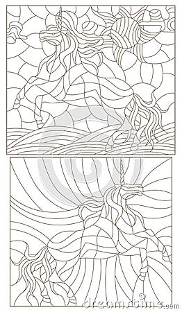 Contour set of illustrations in the stained glass style with abstract unicorns Vector Illustration