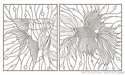 Contour set with illustrations in the stained glass style aquarium fish fish and scalars , dark contours on white backgroun Vector Illustration