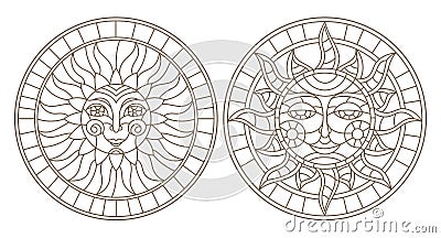 Contour set with illustrations of stained glass sun with face, round image, dark outline on a white background , isolate Vector Illustration