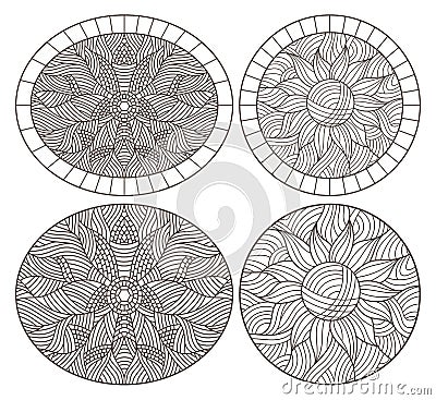 Contour set with illustrations of stained glass Windows with abstract colors, round images, dark outlines on white background Vector Illustration