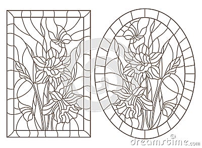 Contour set with illustrations of stained glass Windows with daffodils and butterflies flowers, round and rectangular image, dark Vector Illustration