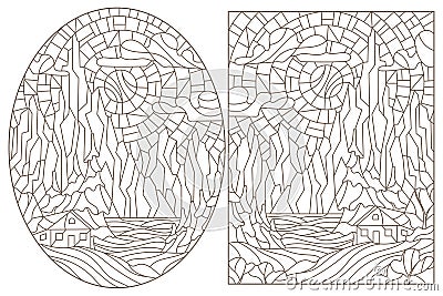 Contour set with illustrations of stained glass Windows landscape , lonely house on a background of nature, dark contours on a whi Vector Illustration