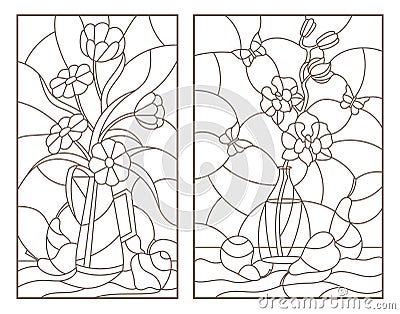 Contour set with illustrations of the stained glass Windows with still lifes , flowers in vases and fruit Vector Illustration