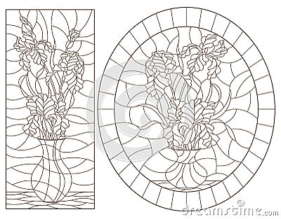 Contour set with illustrations of stained glass Windows with still lifes, vases with iris flowers, dark outlines on a white backg Vector Illustration