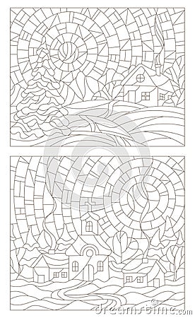 Contour Set illustrations of the stained glass Windows with winter landscapes Vector Illustration