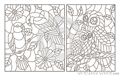 Contour set with illustrations in the style of stained glass with birds, a pair of parrots lovebirds and owl with owlet, dark con Vector Illustration