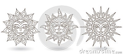 Contour set with contour suns with faces on a white background isolates Vector Illustration