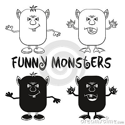 Contour and Silhouette Monsters Set Vector Illustration