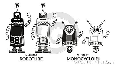 Contour and Silhouette Robots Set Vector Illustration