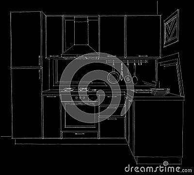 Contour sketch illustration of modern corner kitchen with built in fridge black and white. Cartoon Illustration