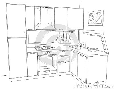 Contour sketch three dimensional illustration of modern corner kitchen interior black and white. Cartoon Illustration