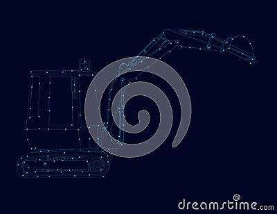 Contour of a small excavator made of blue lines with glowing lights on a dark background. Vector illustration Vector Illustration