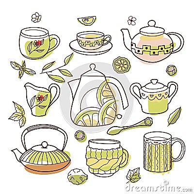 Contour and spot drawings, cup and teapot set, for tea and coffee Vector Illustration