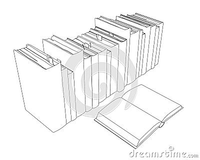 Contour of a stack of books from black lines isolated on a white background. One open book. Isometric view. Vector Vector Illustration