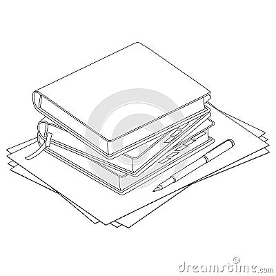 Contour of a stack of books with paper and a pen from black lines isolated on a white background. Vector illustration Vector Illustration