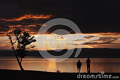 The contour of the tree and two people on the background of brig Stock Photo