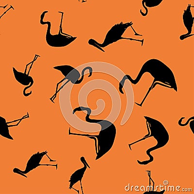 Contour tropical birds seamless orange background Vector Illustration