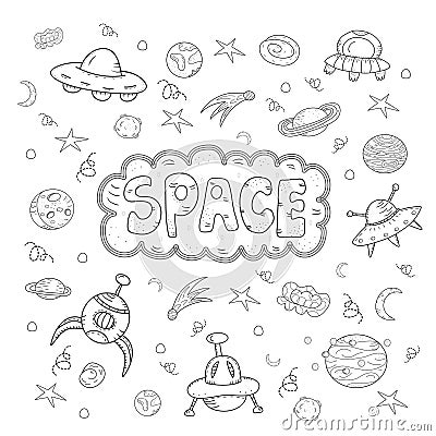 Contour vector hand drawn doodles cartoon set of Space objects and symbols Vector Illustration