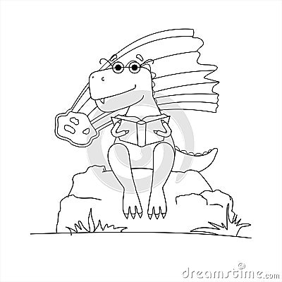 Contoured Dinosaur In Glasses Is Reading A Book. Smart Dinosaur On Background Of Falling Meteorite. A Tyrannosaurus With Glasses Stock Photo