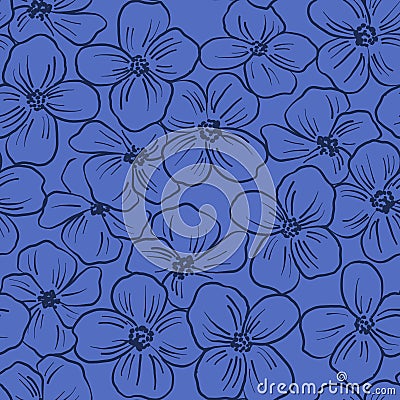 Contoured floral seamless pattern. Simple minimalistic style. Blossoming branches of trees. Outline of flowers. Vector Illustration