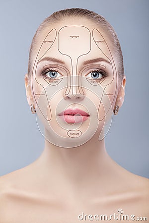 Contouring. Make up woman face on grey background. Contour and highlight makeup. Stock Photo